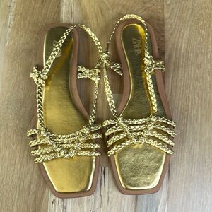 Zara Gold Braided Flat Sandals